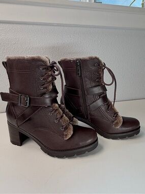 UGG Shearling Lined Leather Moto Combat Boots Brown Lug Sole women Size 8 winter